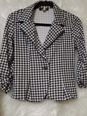 Houndstooth Button-Front Blazer Jacket - Black & White